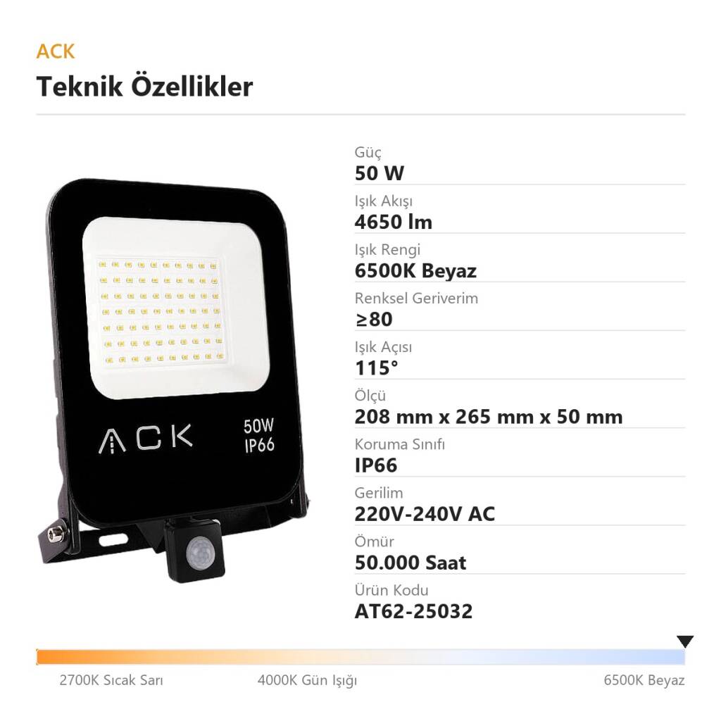 ACK 50W Sensörlü 6500K Beyaz LED Projektör AT62-25032 - 4