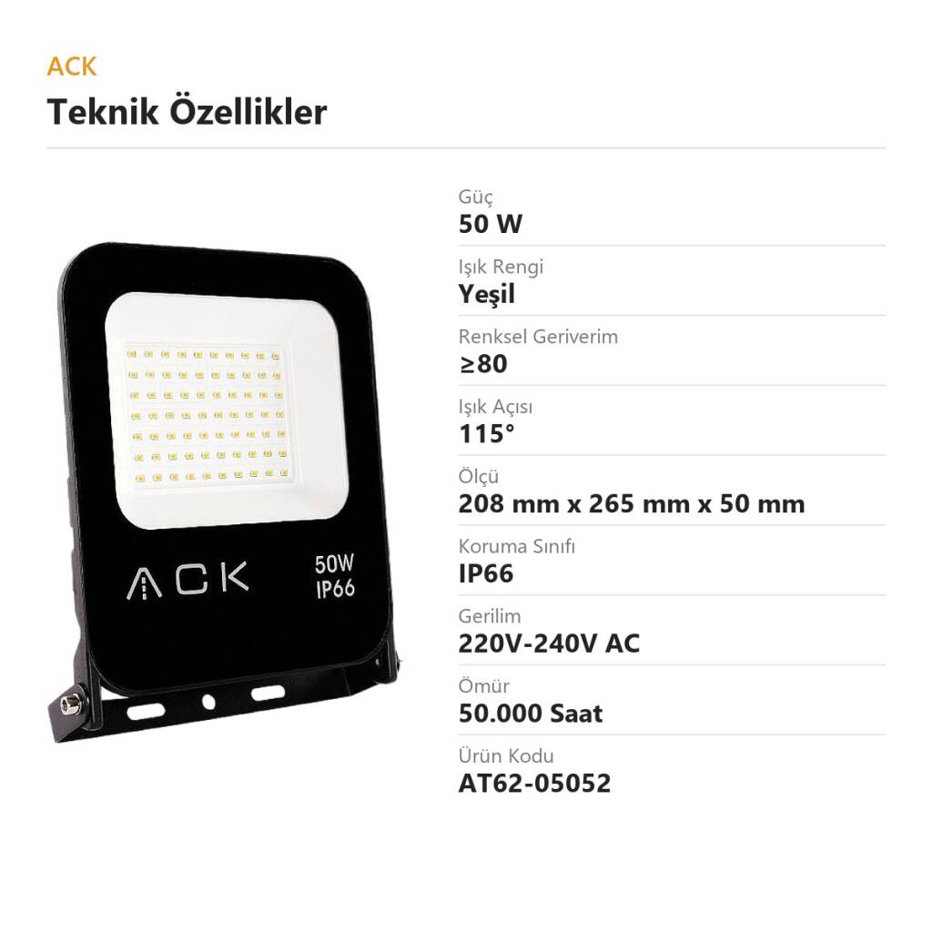 ACK 50W Yeşil LED Projektör AT62-05052 - 4