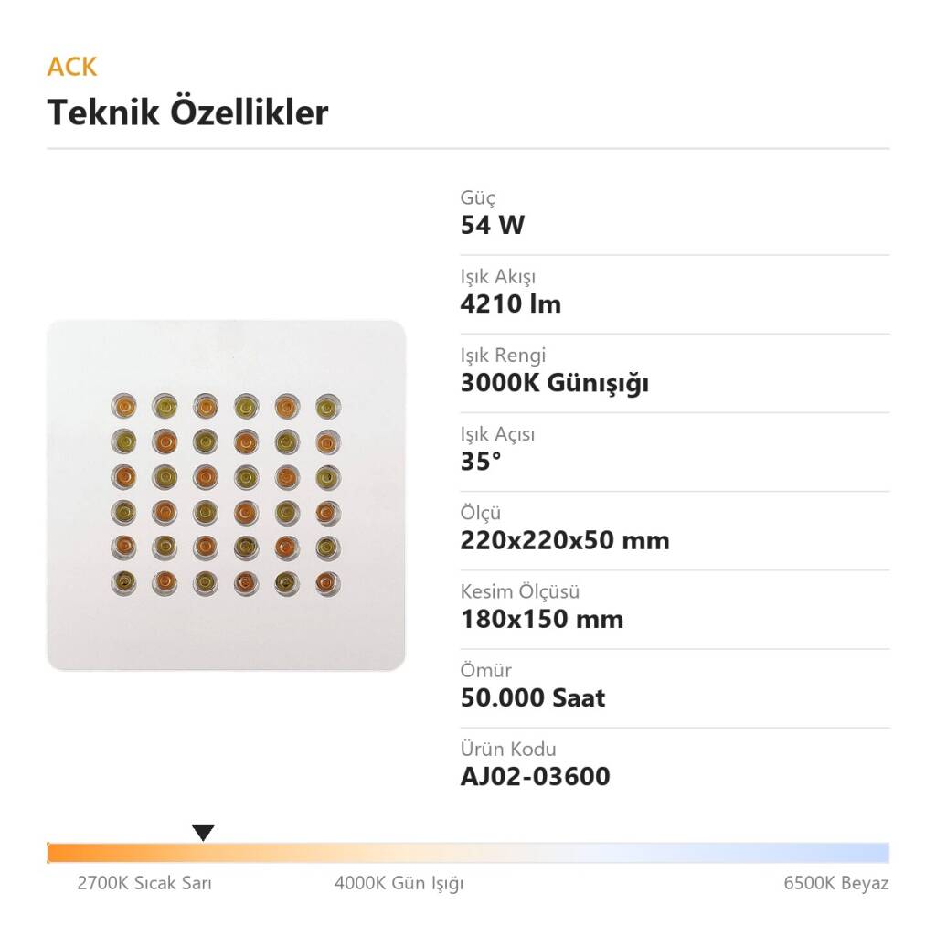 ACK 54W 3000K Günışığı 4210lm Profesyonel Kuyumcu / Mücevher Aydınlatma Armatürü (Kare (36 Led)) AJ02-03600 - 4