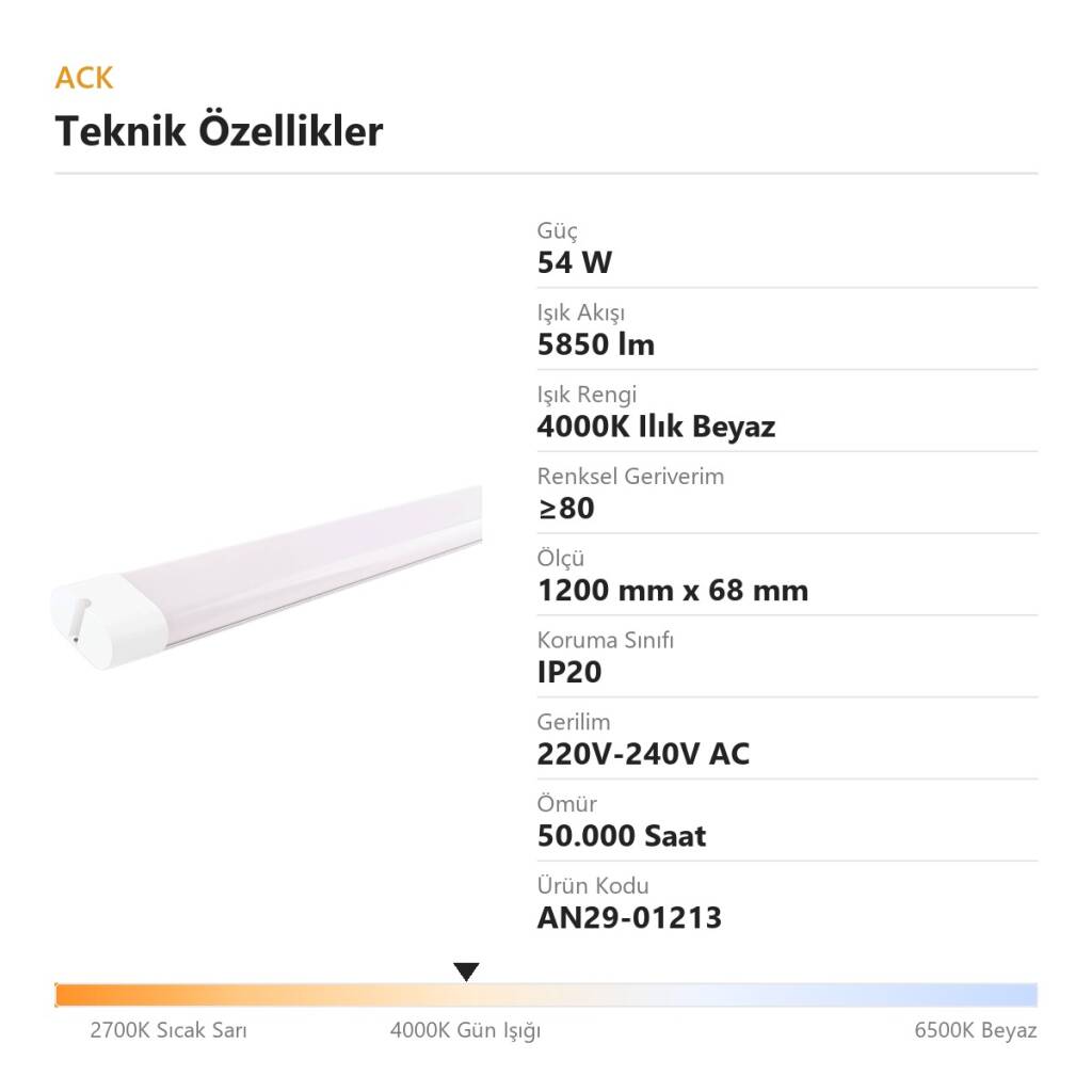 ACK 54W 4000K Ilık Beyaz 5850lm Satürn LED Bant Armatür AN29-01213 - 4