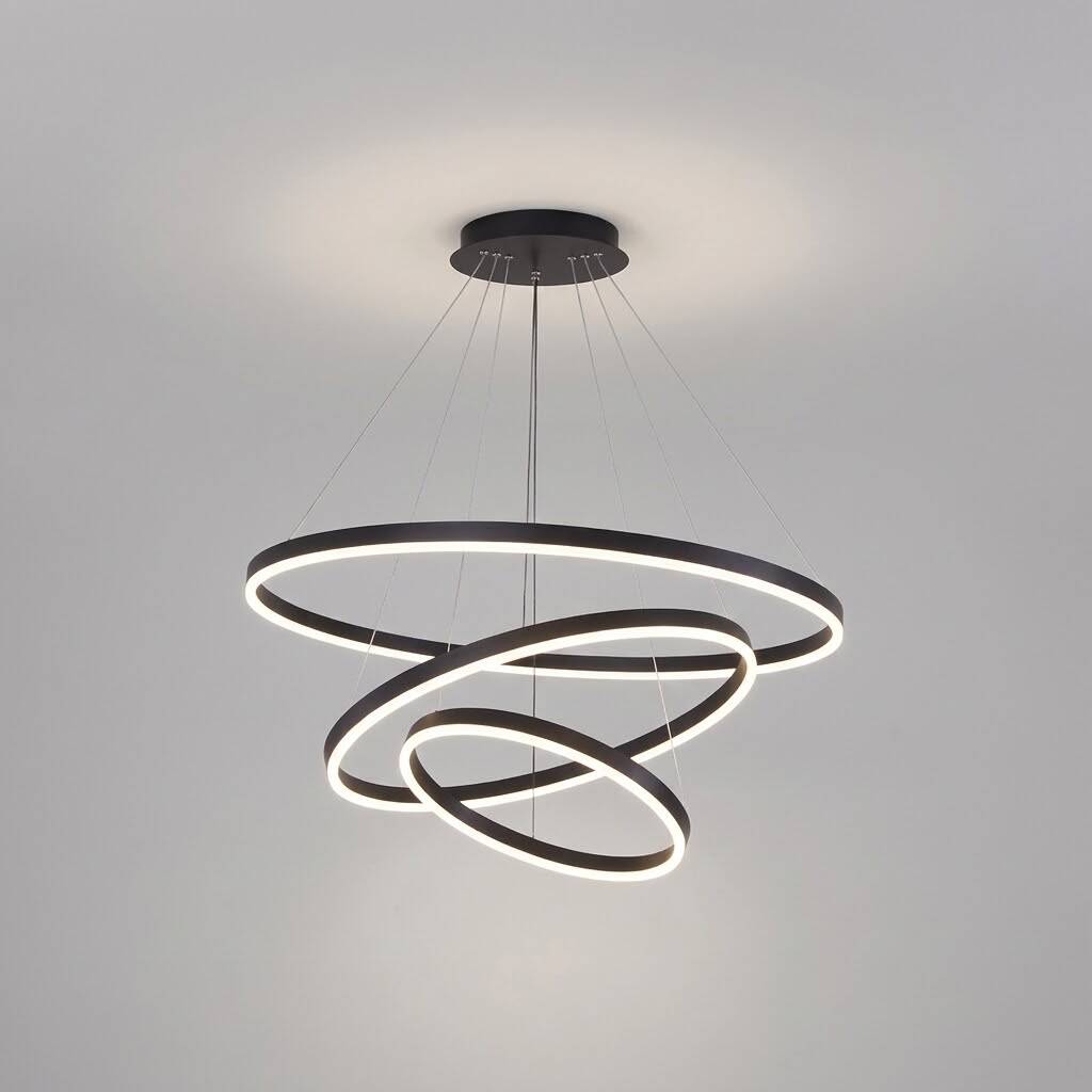 ACK 56W Çok Katlı (Halkalı) Devasa Dekoratif Sarkıt Avize 30x40x50 cm (3 Katlı Asimetrik Halka) Siyah Kasa AL02-28001 - 3