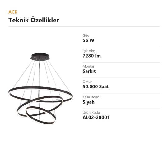 ACK 56W Çok Katlı (Halkalı) Devasa Dekoratif Sarkıt Avize 30x40x50 cm (3 Katlı Asimetrik Halka) Siyah Kasa AL02-28001 - 4