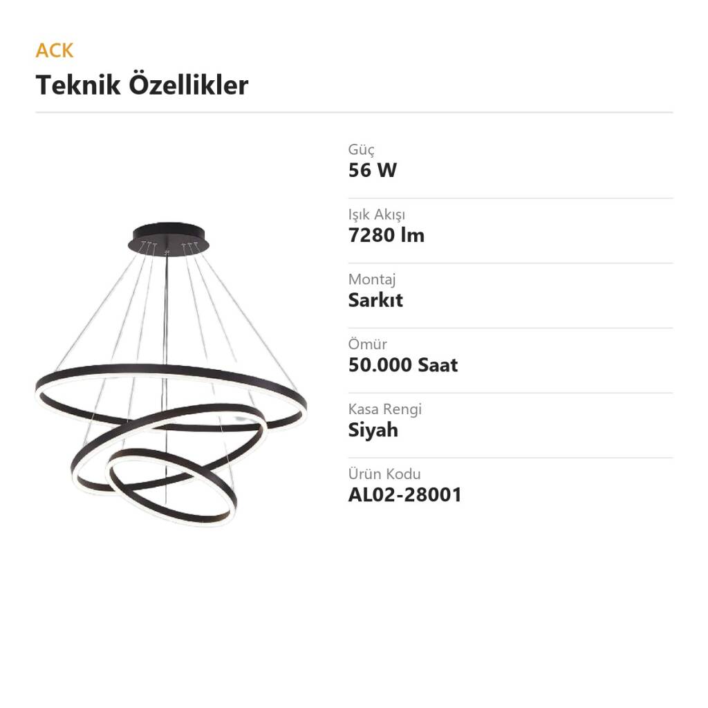 ACK 56W Çok Katlı (Halkalı) Devasa Dekoratif Sarkıt Avize 30x40x50 cm (3 Katlı Asimetrik Halka) Siyah Kasa AL02-28001 - 4