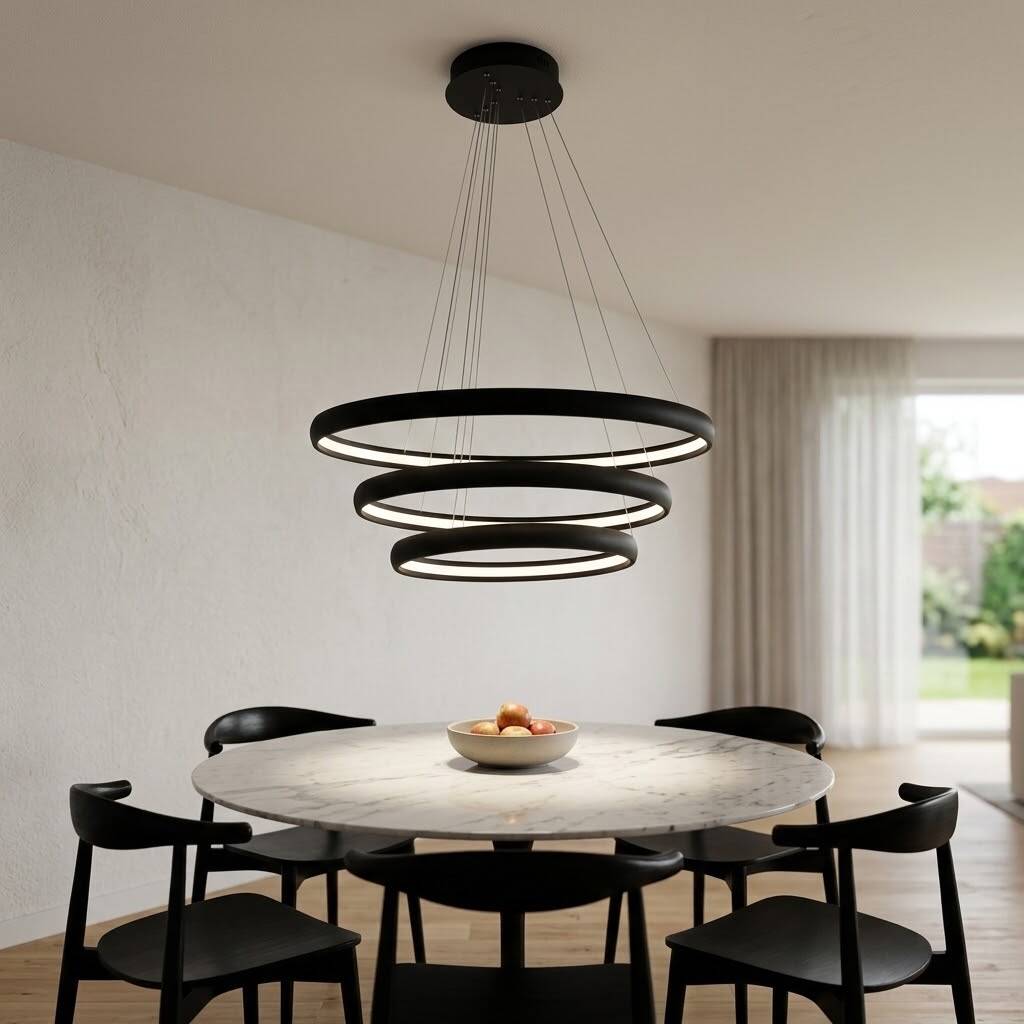 ACK 56W Çok Katlı (Halkalı) Devasa Dekoratif Sarkıt Avize 30x40x50 cm (3 Katlı Yuvarlak Halka) Siyah Kasa AL02-29301 - 2