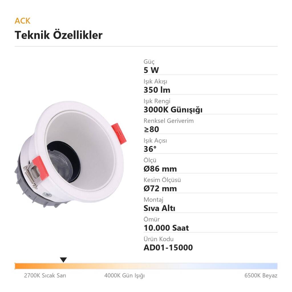 ACK 5W 3000K Günışığı 350lm Alüminyum Gövde Sıva Altı Spot (Ø86 mm Beyaz-Beyaz Çift Renk Kasa) AD01-15000 - 4