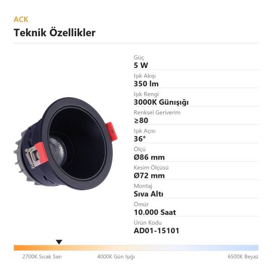 ACK 5W 3000K Günışığı 350lm Alüminyum Gövde Sıva Altı Spot (Ø86 mm Siyah-Siyah Çift Renk Kasa) AD01-15101 - 4