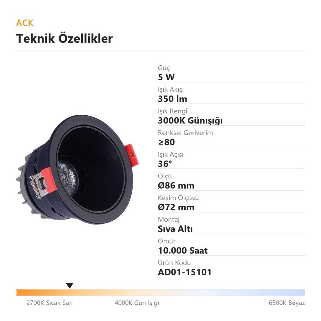 ACK 5W 3000K Günışığı 350lm Alüminyum Gövde Sıva Altı Spot (Ø86 mm Siyah-Siyah Çift Renk Kasa) AD01-15101 - 4