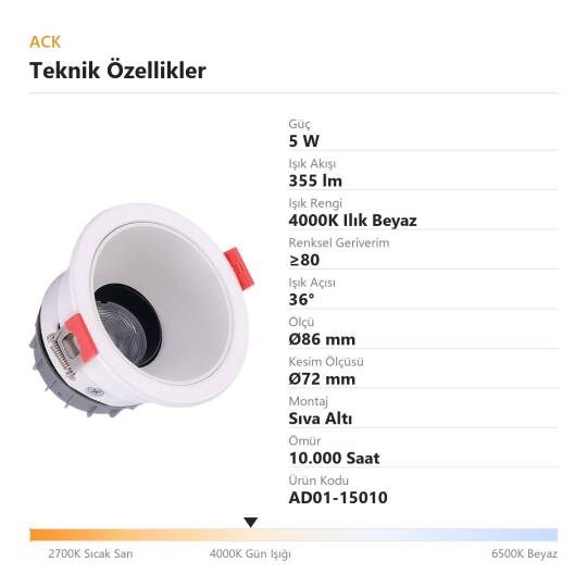 ACK 5W 4000K Ilık Beyaz 355lm Alüminyum Gövde Sıva Altı Spot (Ø86 mm Beyaz-Beyaz Çift Renk Kasa) AD01-15010 - 4