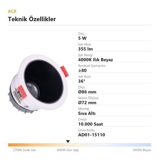 ACK 5W 4000K Ilık Beyaz 355lm Alüminyum Gövde Sıva Altı Spot (Ø86 mm Beyaz-Siyah Çift Renk Kasa) AD01-15110 - 4