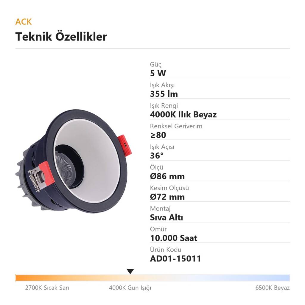 ACK 5W 4000K Ilık Beyaz 355lm Alüminyum Gövde Sıva Altı Spot (Ø86 mm Siyah-Beyaz Çift Renk Kasa) AD01-15011 - 4