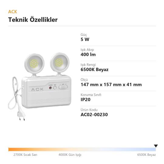 ACK 5W 6500K 400lm Şarjlı LED Işıldak (Pro Series) AC02-00230 - 4