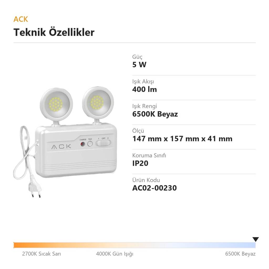 ACK 5W 6500K 400lm Şarjlı LED Işıldak (Pro Series) AC02-00230 - 4