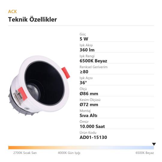 ACK 5W 6500K Beyaz 360lm Alüminyum Gövde Sıva Altı Spot (Ø86 mm Beyaz-Siyah Çift Renk Kasa) AD01-15130 - 4