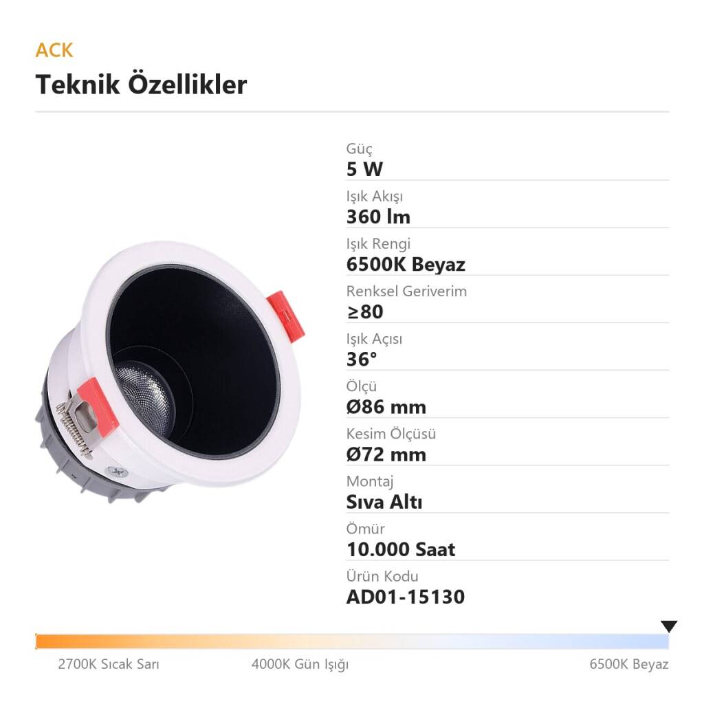 ACK 5W 6500K Beyaz 360lm Alüminyum Gövde Sıva Altı Spot (Ø86 mm Beyaz-Siyah Çift Renk Kasa) AD01-15130 - 4
