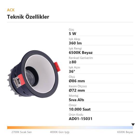 ACK 5W 6500K Beyaz 360lm Alüminyum Gövde Sıva Altı Spot (Ø86 mm Siyah-Beyaz Çift Renk Kasa) AD01-15031 - 4