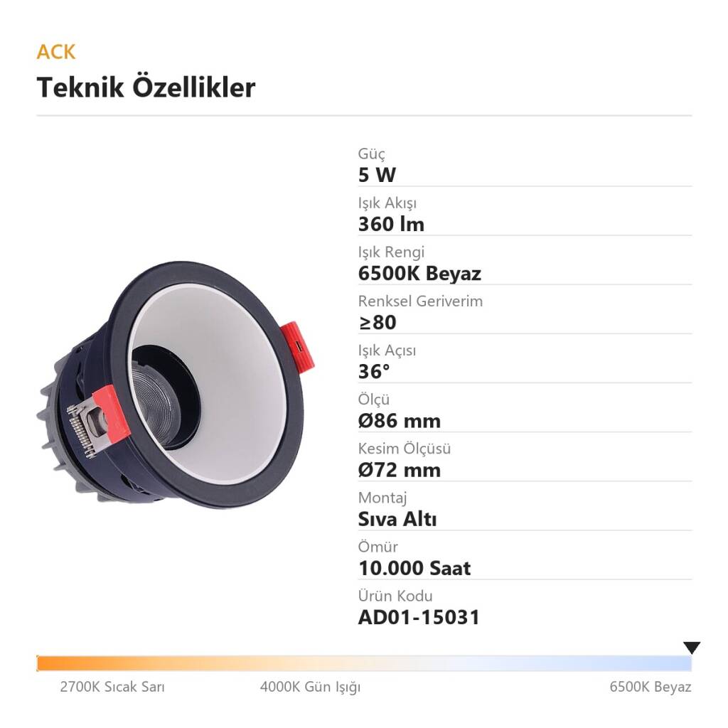 ACK 5W 6500K Beyaz 360lm Alüminyum Gövde Sıva Altı Spot (Ø86 mm Siyah-Beyaz Çift Renk Kasa) AD01-15031 - 4