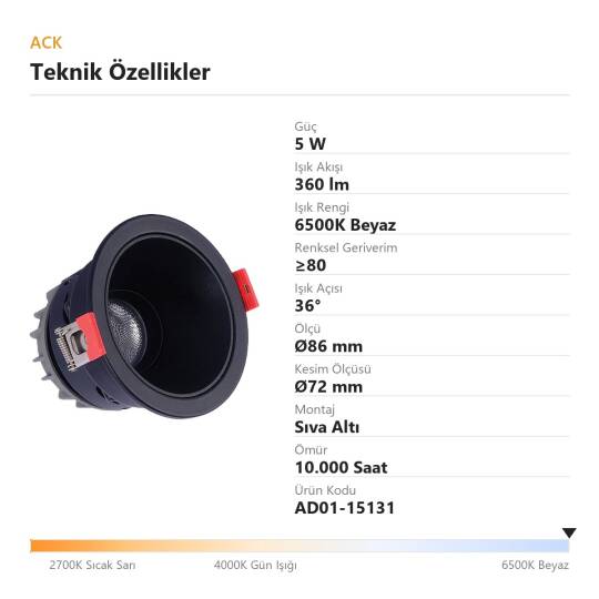 ACK 5W 6500K Beyaz 360lm Alüminyum Gövde Sıva Altı Spot (Ø86 mm Siyah-Siyah Çift Renk Kasa) AD01-15131 - 4