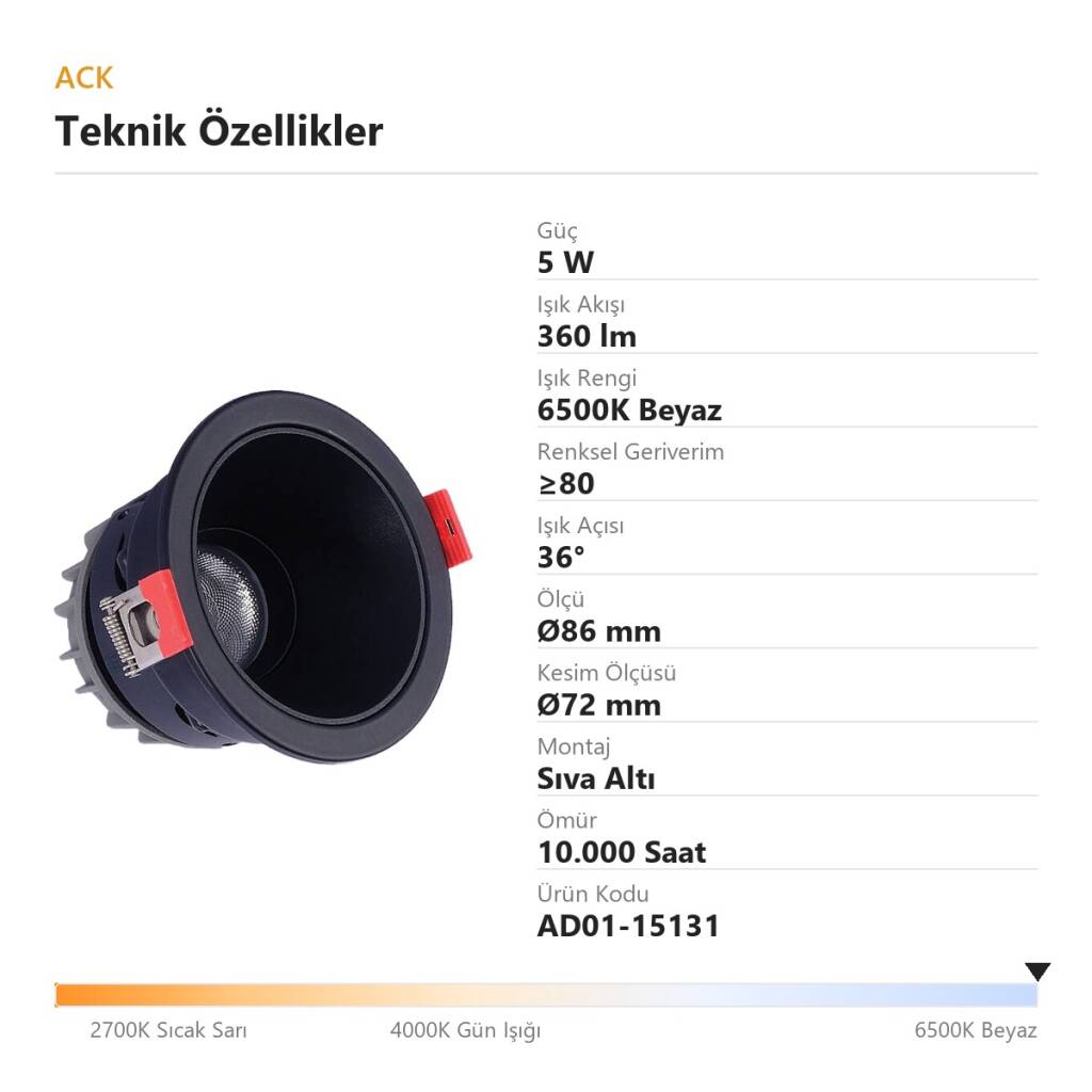 ACK 5W 6500K Beyaz 360lm Alüminyum Gövde Sıva Altı Spot (Ø86 mm Siyah-Siyah Çift Renk Kasa) AD01-15131 - 4