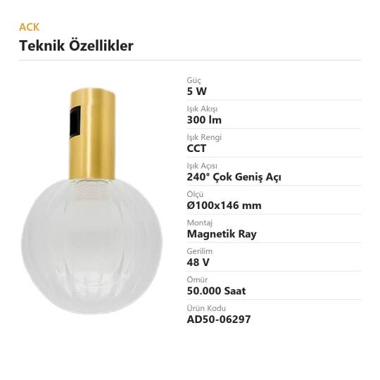 ACK 5W CCT (3 Renk) 48V Rétro Magnetik Ray Armatürü Tekli Cam Küre Sarkıt (Bakır (Copper)) AD50-06297 - 4