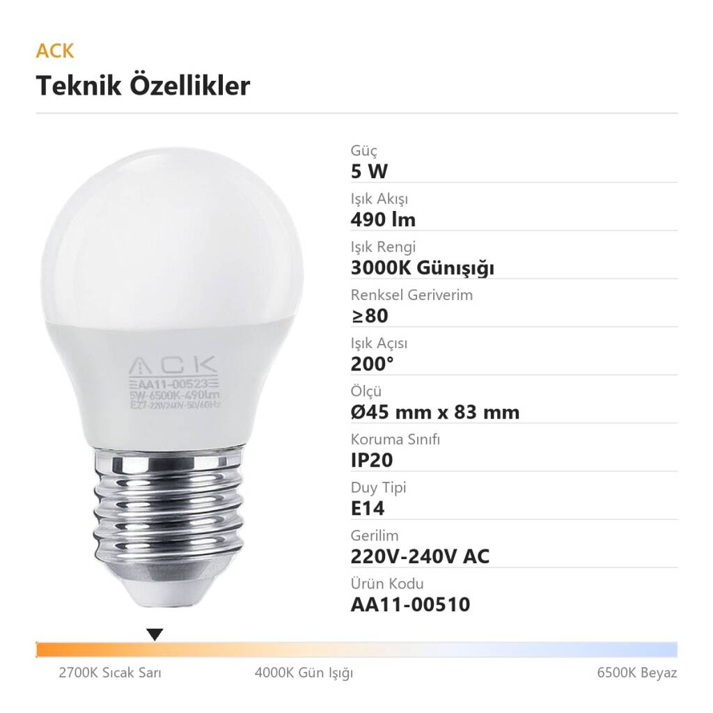 ACK 5W G45 Küre Tipi E14 3000K Günışığı 490 lm LED Ampul AA11-00510 - 4