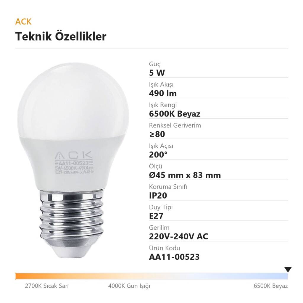ACK 5W G45 Küre Tipi E27 6500K Beyaz 490 lm LED Ampul AA11-00523 - 4
