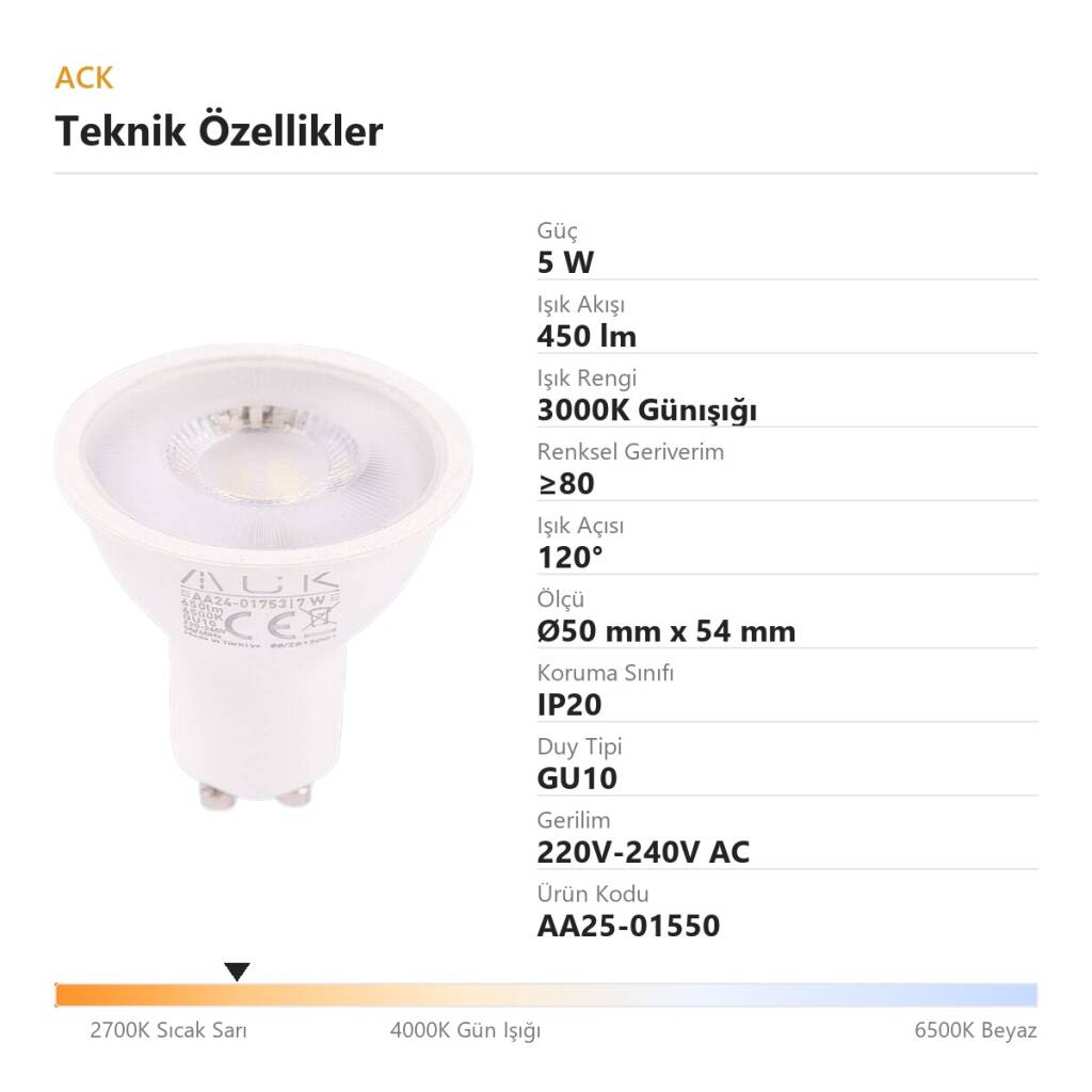 ACK 5W GU10 Lensli GU10 3000K Günışığı 450 lm LED Ampul AA25-01550 - 4