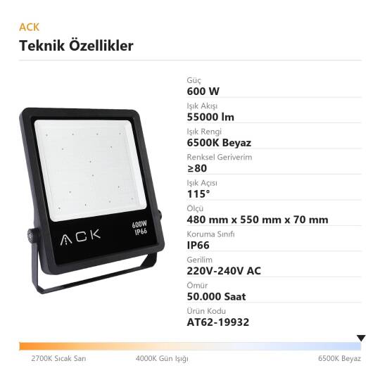 ACK 600W 6500K Beyaz LED Projektör AT62-19932 - 4