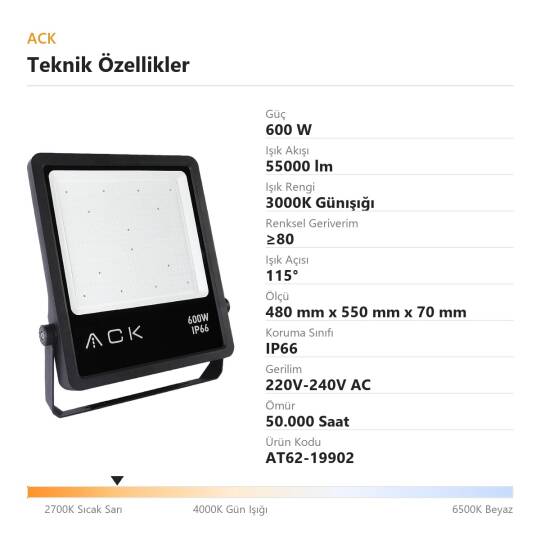 ACK 600W 3000K Günışığı LED Projektör AT62-19902 - 4