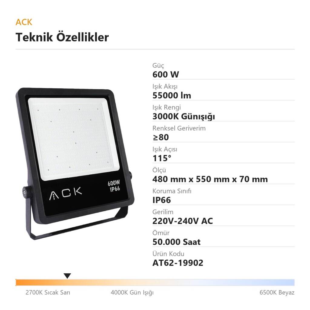 ACK 600W 3000K Günışığı LED Projektör AT62-19902 - 4