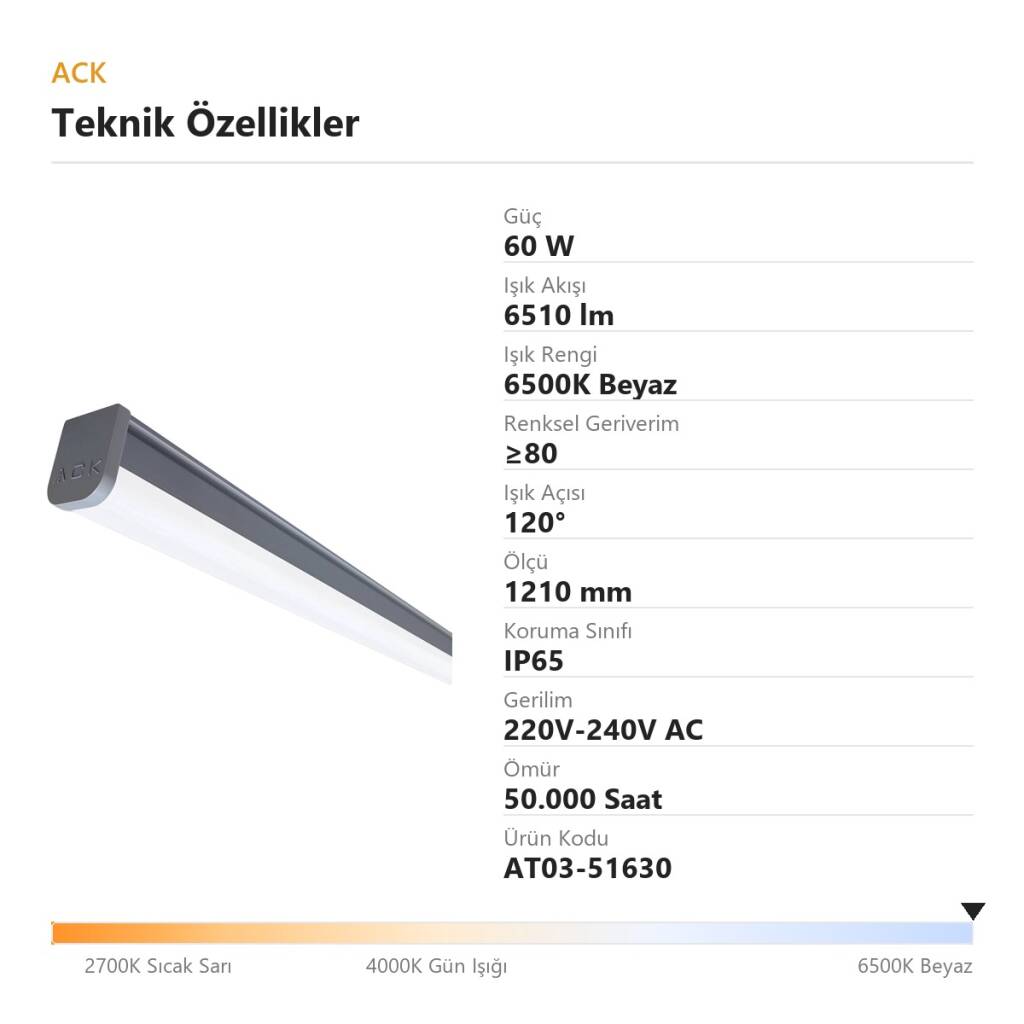 ACK 60W 1210mm 6500K Beyaz LED Bant Etanj Armatürü (Sensörlü) AT03-51630 - 4