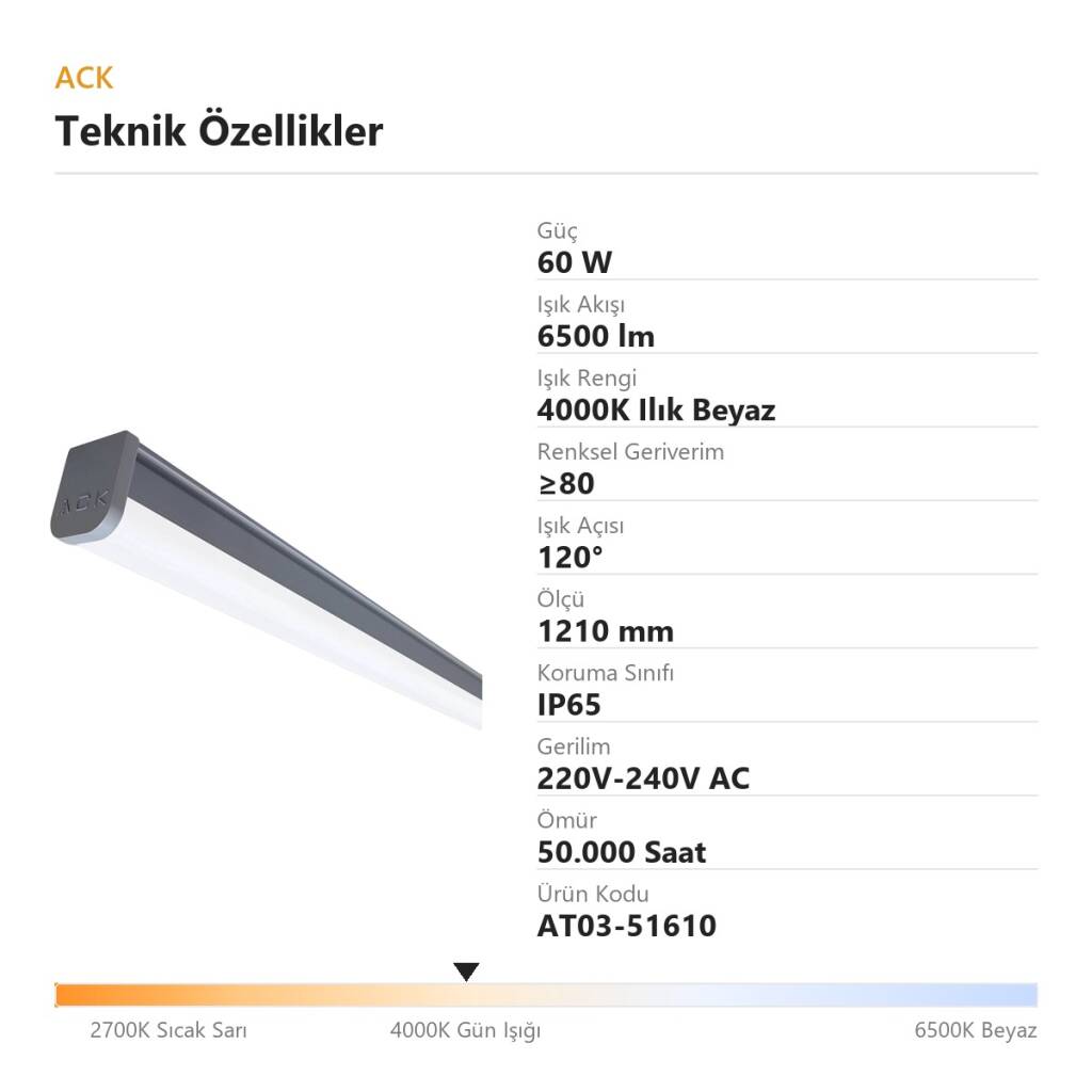 ACK 60W 1210mm 4000K Ilık Beyaz LED Bant Etanj Armatürü (Sensörlü) AT03-51610 - 4