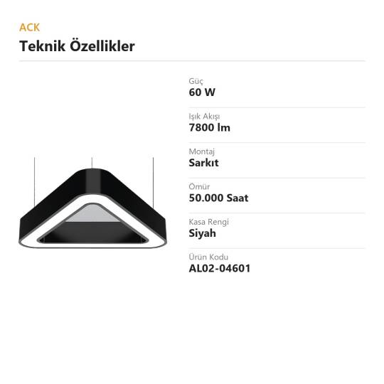 ACK 60W Geniş Çaplı Dekoratif Linear Sarkıt Armatür 60cmx60cm Üçgen Siyah Kasa AL02-04601 - 4
