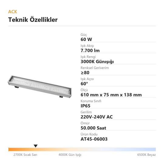 ACK 60W 3000K Günışığı 7.700 lm Lineer LED Yüksek Tavan Armatürü AT45-06003 - 4
