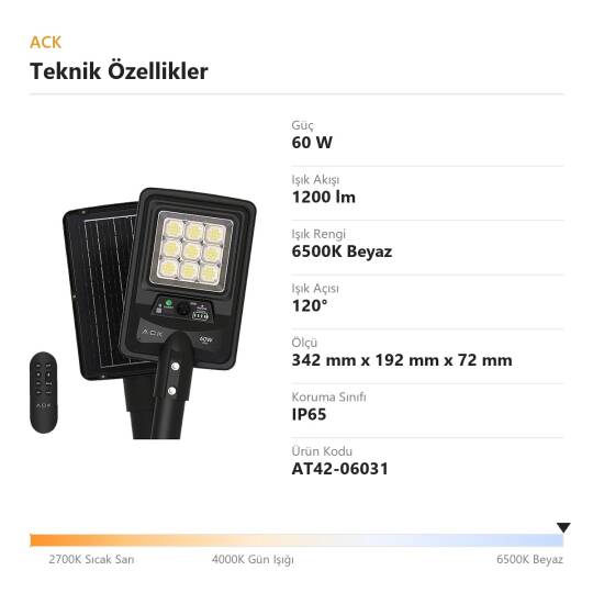 ACK 60W 6500K Beyaz Solar LED Sokak Armatürü (Siyah) AT42-06031 - 4
