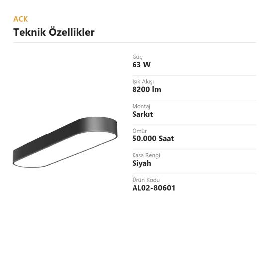 ACK 63W Geniş Çaplı Dekoratif Linear Sarkıt Armatür 15cmx150cm Dikdörtgen Siyah Kasa AL02-80601 - 4