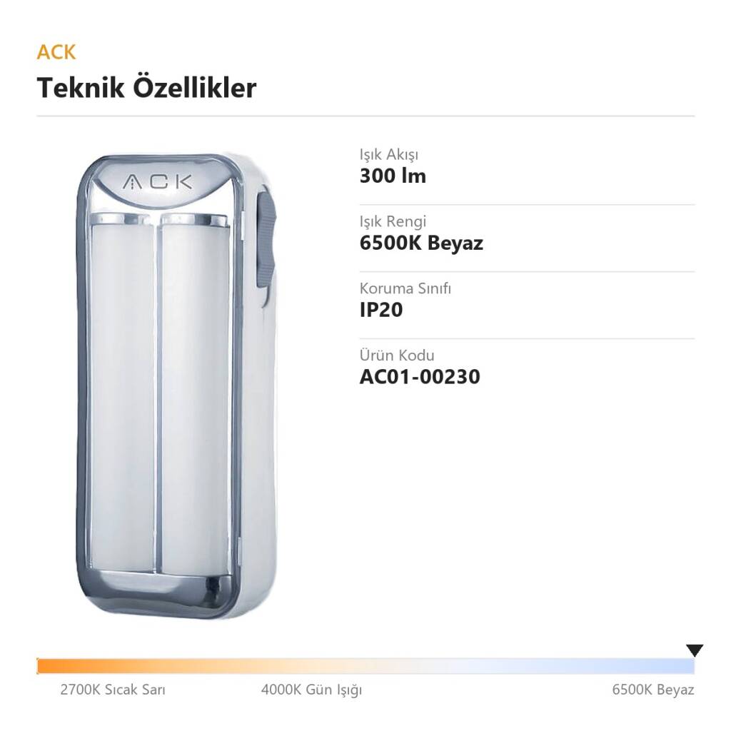 ACK 6500K 300lm 20 LED 2 Kademeli Şarjlı El Feneri AC01-00230 - 4
