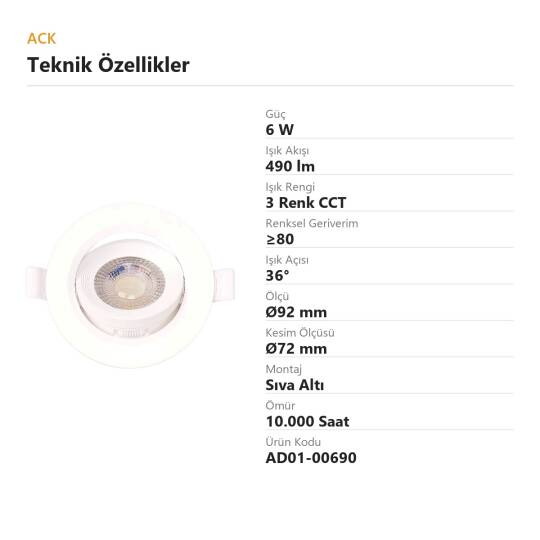 ACK 6W 3 Renk (CCT) Ayarlanabilir Spot Lamba (Ø92 mm Beyaz Kasa - Sıva Altı) AD01-00690 - 4