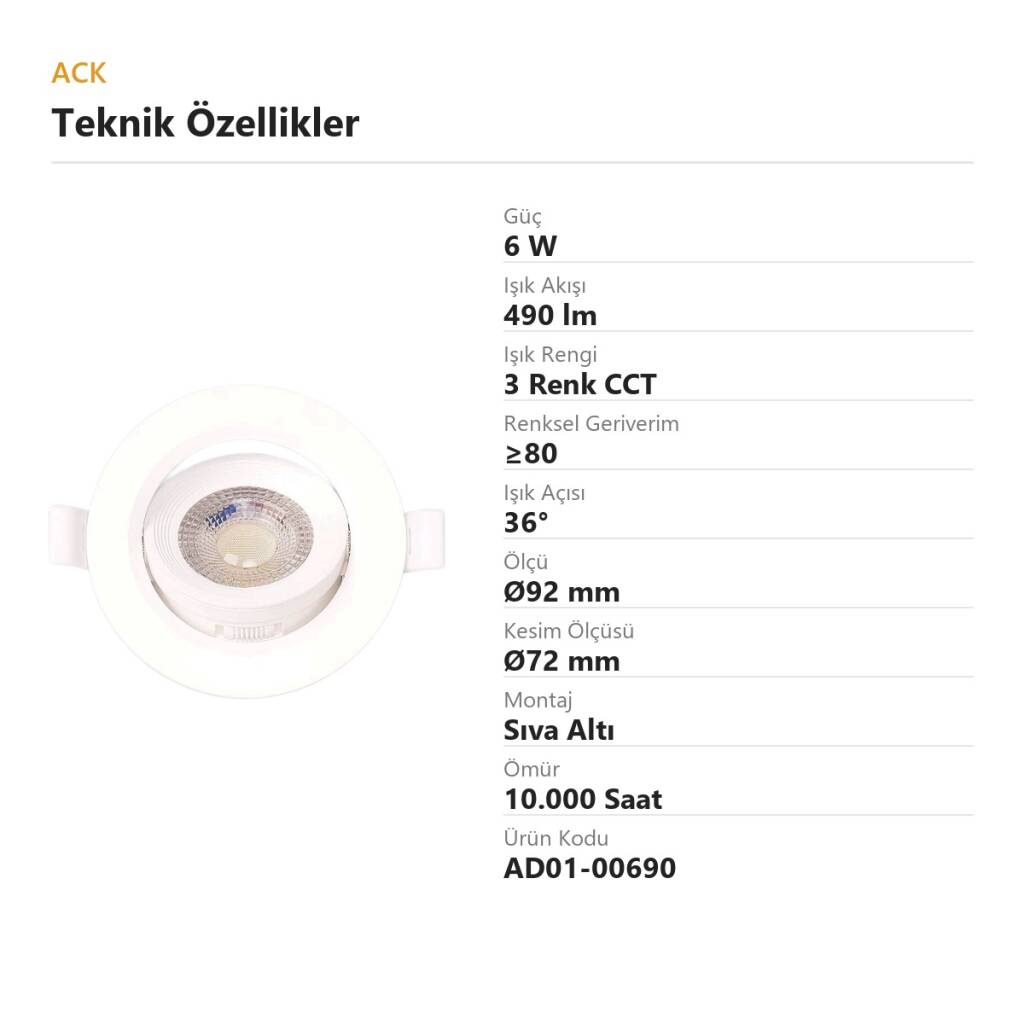 ACK 6W 3 Renk (CCT) Ayarlanabilir Spot Lamba (Ø92 mm Beyaz Kasa - Sıva Altı) AD01-00690 - 4