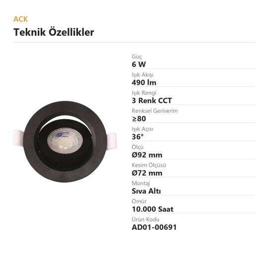 ACK 6W 3 Renk (CCT) Ayarlanabilir Spot Lamba (Ø92 mm Siyah Kasa - Sıva Altı) AD01-00691 - 4