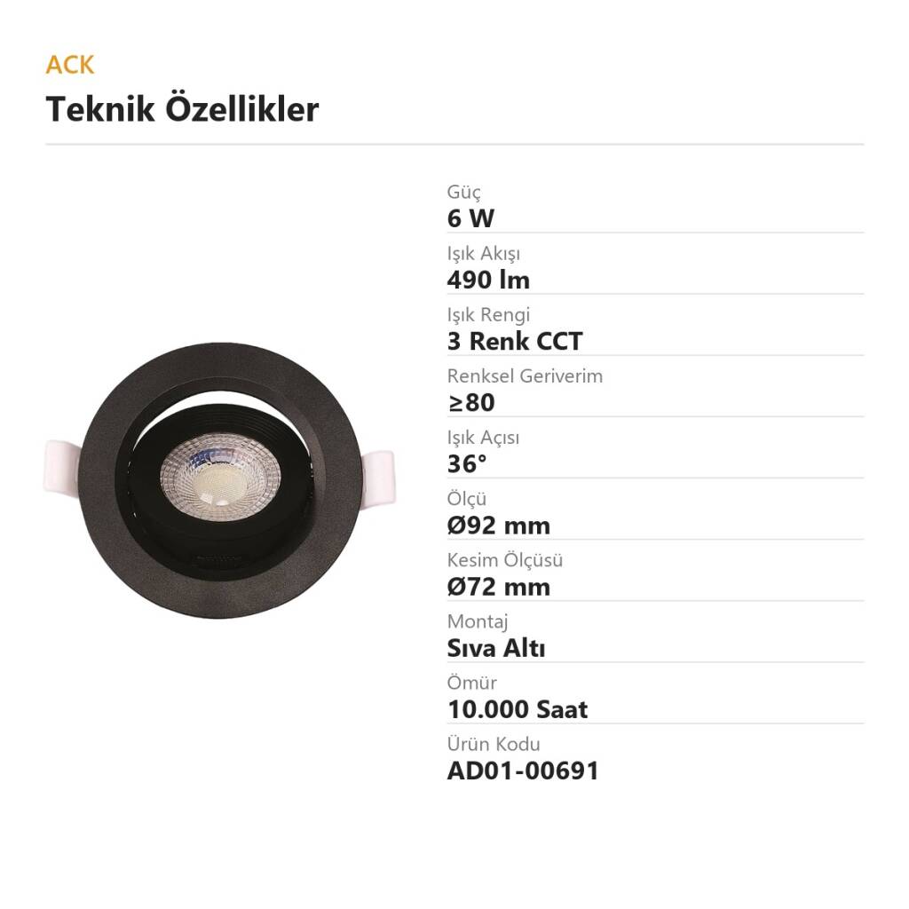 ACK 6W 3 Renk (CCT) Ayarlanabilir Spot Lamba (Ø92 mm Siyah Kasa - Sıva Altı) AD01-00691 - 4