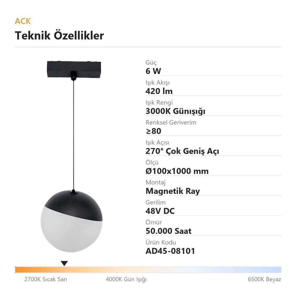 ACK 6W 3000K Günışığı 48V Magnetik Ray Armatürü Siyah Küre (Top) Sarkıt AD45-08101 - 4