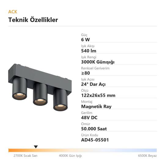 ACK 6W 3000K Günışığı 48V Magnetik Ray Armatürü Üçlü Mini Silindir Spot Siyah Kasa AD45-05501 - 4