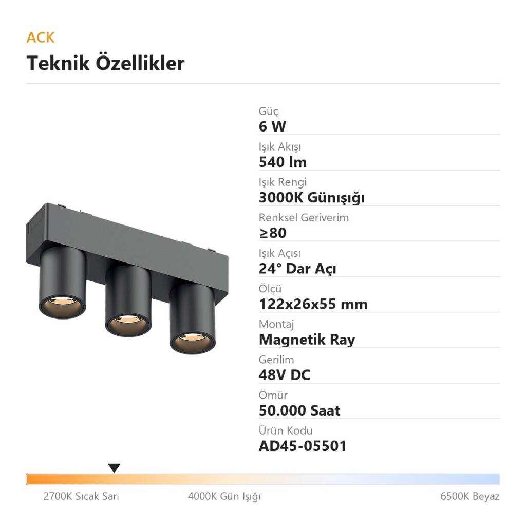 ACK 6W 3000K Günışığı 48V Magnetik Ray Armatürü Üçlü Mini Silindir Spot Siyah Kasa AD45-05501 - 4