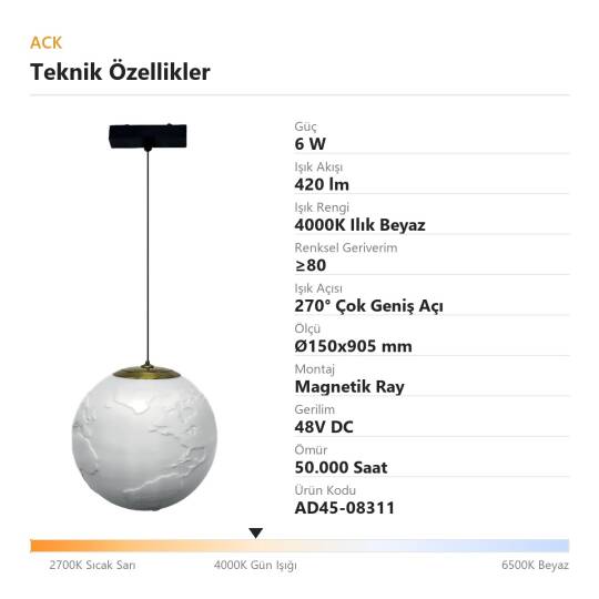 ACK 6W 4000K Ilık Beyaz 48V Magnetik Ray Armatürü Beyaz Dokulu Küre (Top) Sarkıt AD45-08311 - 4