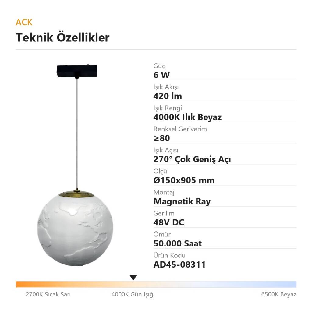 ACK 6W 4000K Ilık Beyaz 48V Magnetik Ray Armatürü Beyaz Dokulu Küre (Top) Sarkıt AD45-08311 - 4