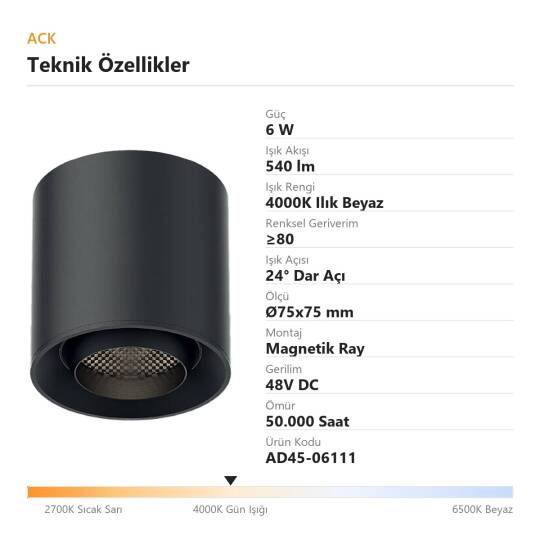 ACK 6W 4000K Ilık Beyaz 48V Magnetik Ray Armatürü Sabit Silindir Siyah Kasa AD45-06111 - 4