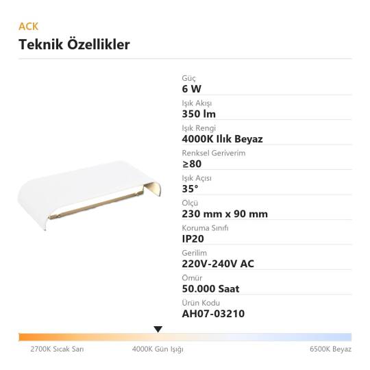 ACK 6W 4000K Ilık Beyaz 350 lm LED Duvar/Tavan Apliği (Beyaz) AH07-03210 - 4
