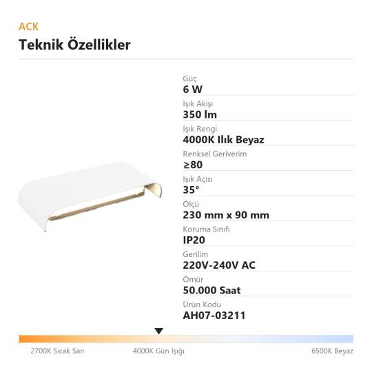 ACK 6W 4000K Ilık Beyaz 350 lm LED Duvar/Tavan Apliği (Siyah) AH07-03211 - 4