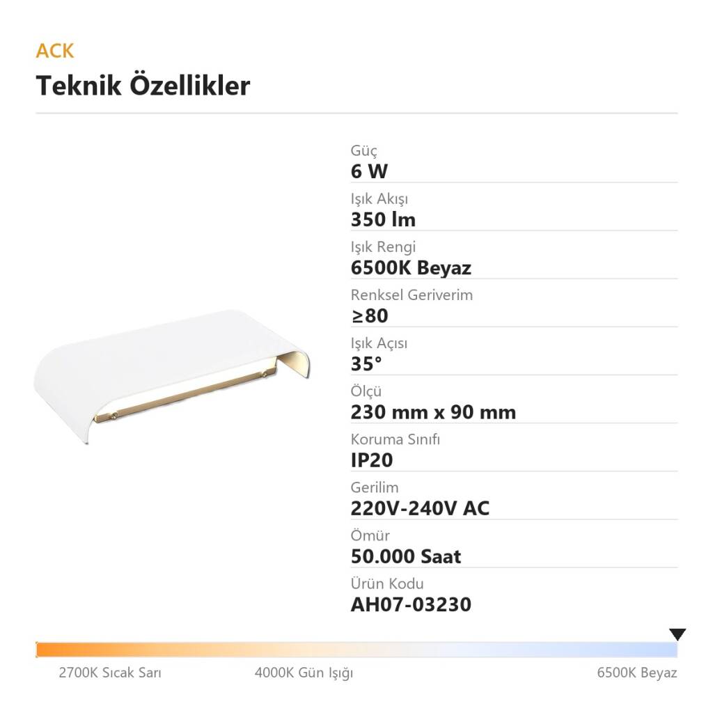 ACK 6W 6500K Beyaz 350 lm LED Duvar/Tavan Apliği (Beyaz) AH07-03230 - 4