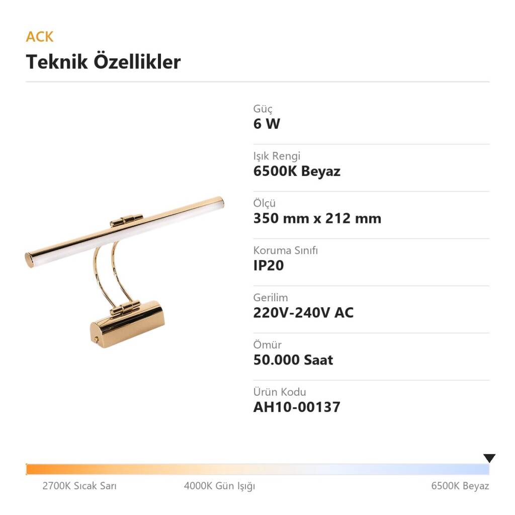 ACK 6W 6500K Beyaz LED Tablo Apliği (Altın) AH10-00137 - 4